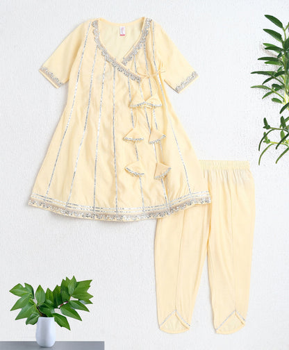 The Magic Wand Woven Three Fourth Sleeves Angrakha Style Kurta and Bottom- Yellow