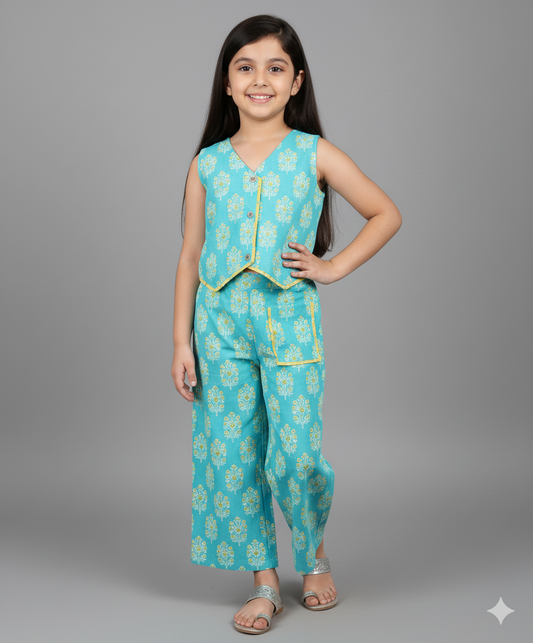 Cotton Woven Sleeveless Floral Printed Top and Patch Pocket Pant Set- Green