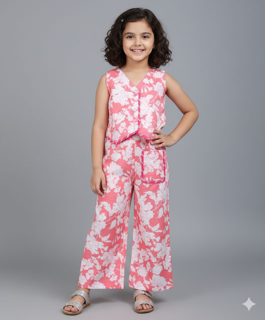 Cotton Woven Sleeveless Floral Printed Top and Patch Pocket Pant Set- Peach
