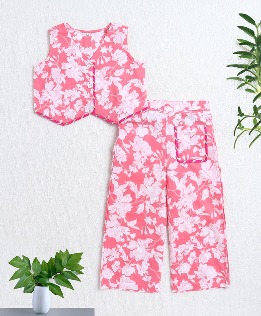 The Magic Wand Cotton Woven Sleeveless Floral Printed Top and Patch Pocket Pant Set- Peach