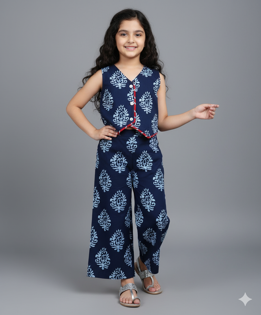 Cotton Woven Sleeveless Floral Printed Top and Pant Set- Navy Blue