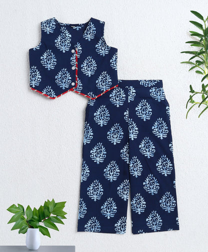 The Magic Wand Cotton Woven Sleeveless Floral Printed Top and Pant Set- Navy Blue