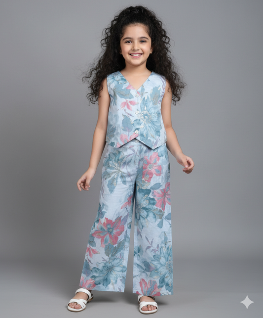 Cotton Woven Sleeveless Floral Printed Top and Patch Pocket Pant Set- Blue
