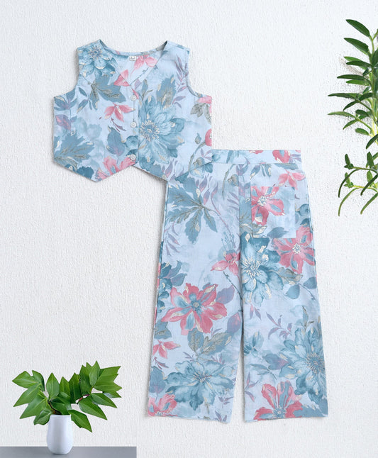 The Magic Wand Cotton Woven Sleeveless Floral Printed Top and Patch Pocket Pant Set- Blue
