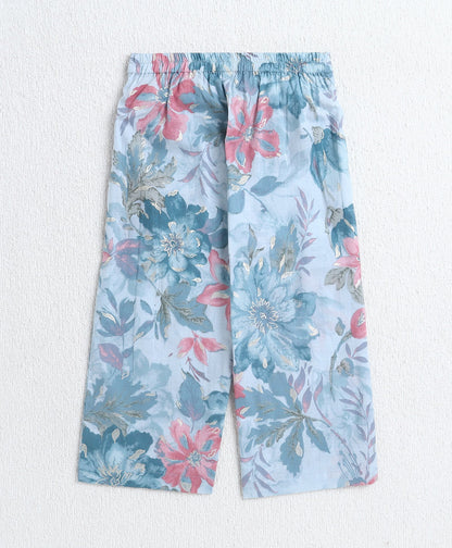 The Magic Wand Cotton Woven Sleeveless Floral Printed Top and Patch Pocket Pant Set- Blue