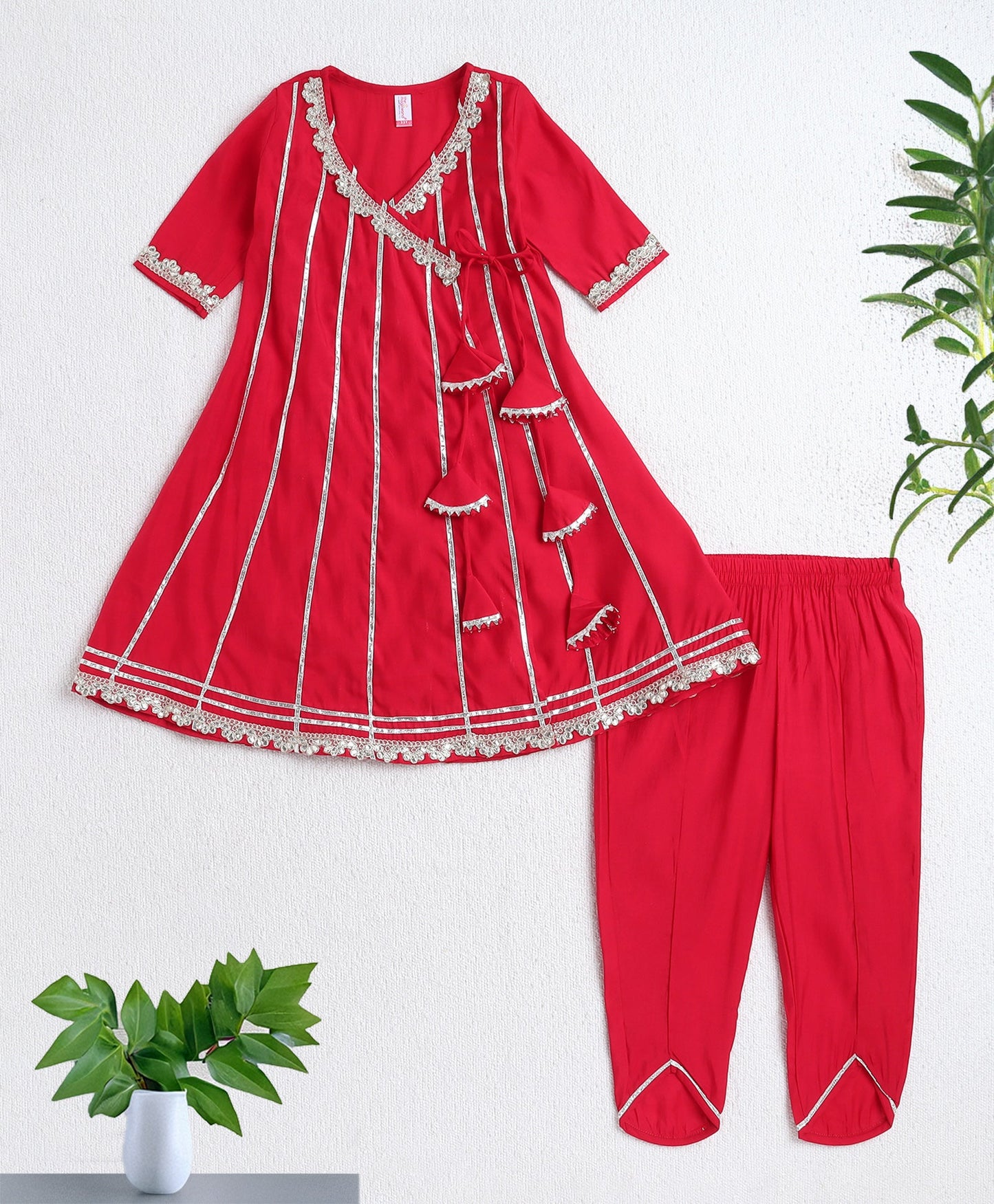 Woven Three Fourth Sleeves Angrakha Style Kurta and Bottom- Red