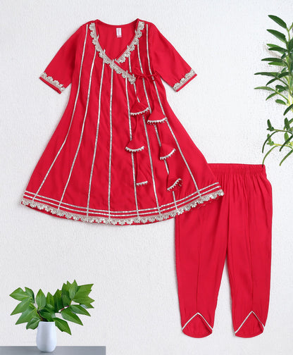 Woven Three Fourth Sleeves Angrakha Style Kurta and Bottom- Red