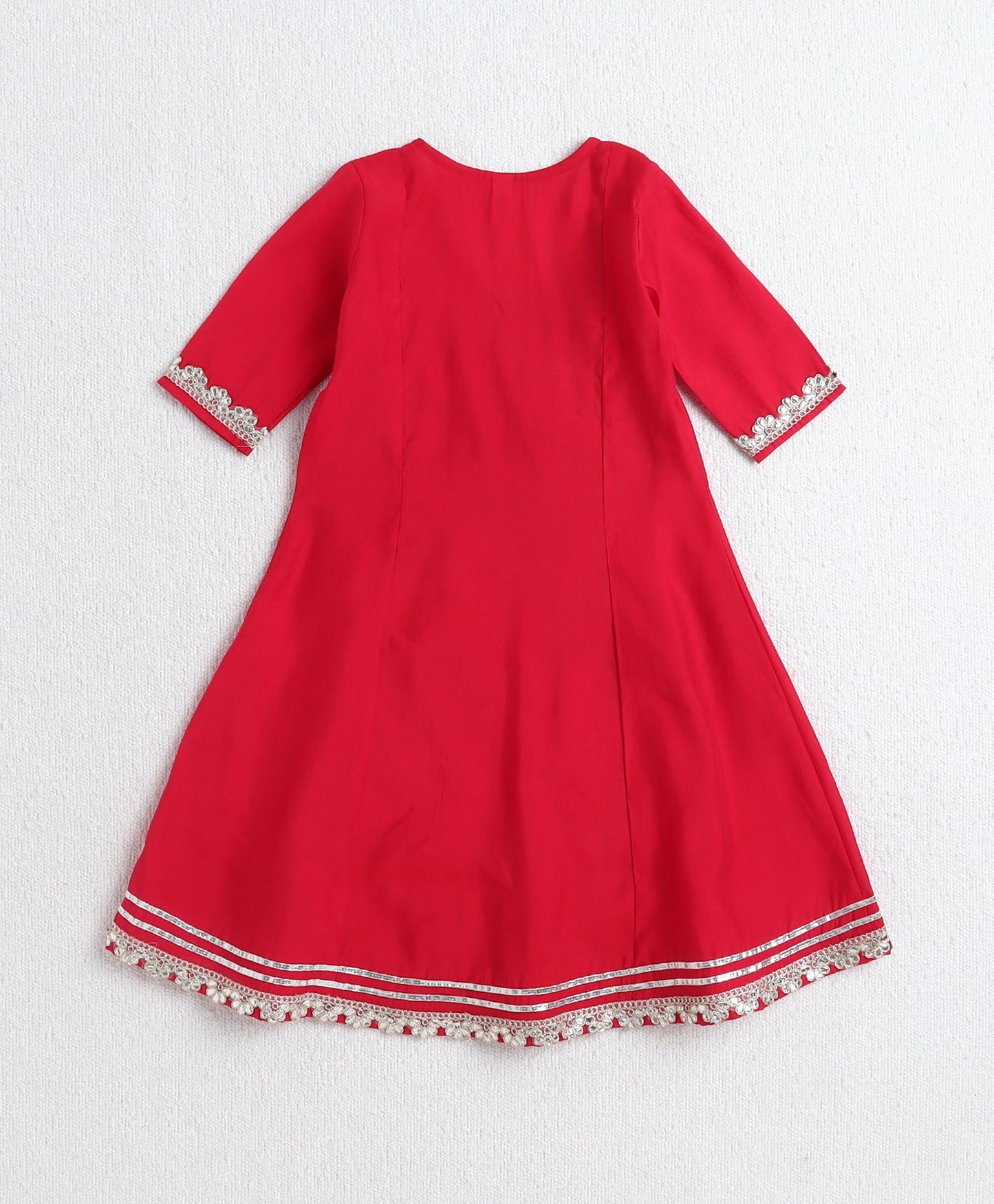 Woven Three Fourth Sleeves Angrakha Style Kurta and Bottom- Red