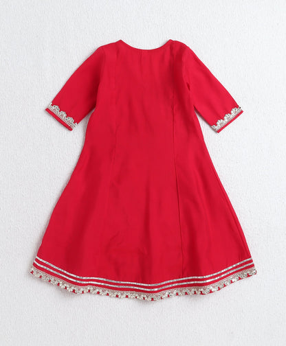 Woven Three Fourth Sleeves Angrakha Style Kurta and Bottom- Red