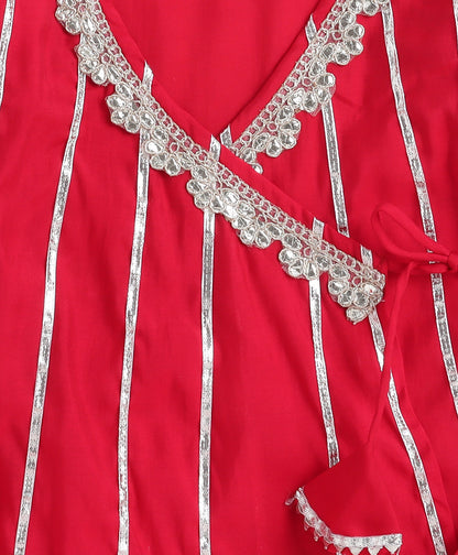 Woven Three Fourth Sleeves Angrakha Style Kurta and Bottom- Red