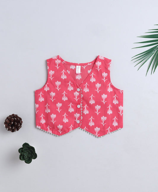 Cotton Woven Sleeveless Floral Printed Waist Coat Top- Peach