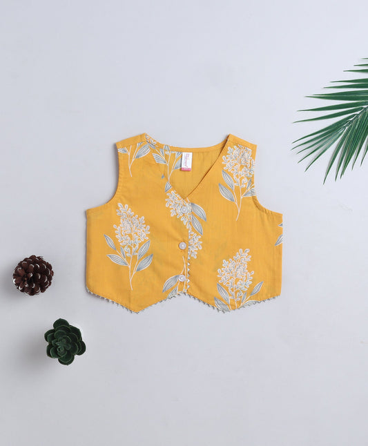 Cotton Woven Sleeveless Floral Printed Waist Coat Top- Mustard