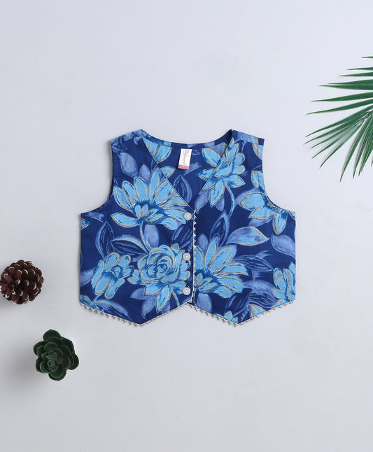 Cotton Woven Sleeveless Floral Printed Waist Coat Top-Blue