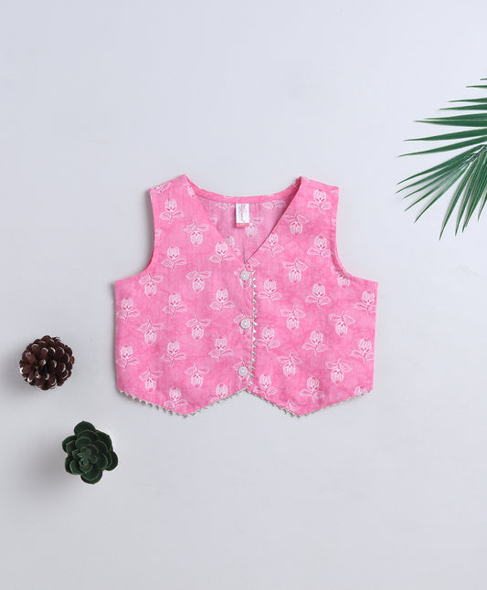 The Magic Wand Cotton Woven Sleeveless Floral Printed Waist Coat Top Peach