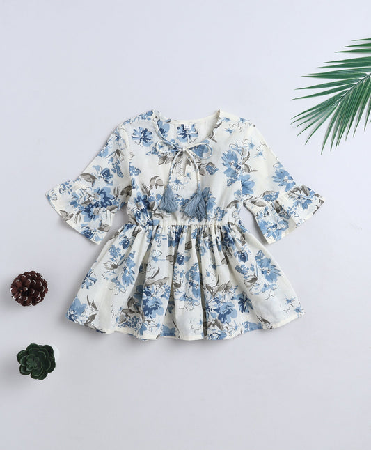 Cotton Woven Three Fourth Sleeves Floral Printed Top- White