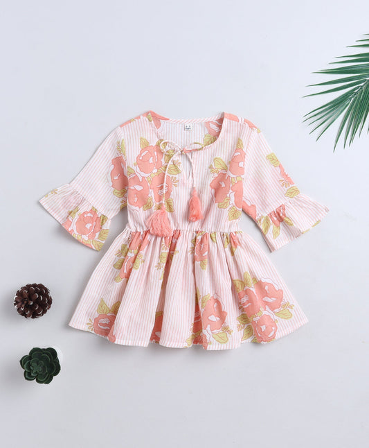 Cotton Woven Three Fourth Sleeves Floral Printed Top- Off White