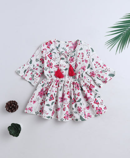 The Magic Wand Cotton Woven Three Fourth Sleeves Floral Printed Top White