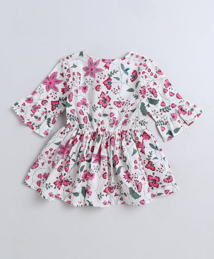 The Magic Wand Cotton Woven Three Fourth Sleeves Floral Printed Top White