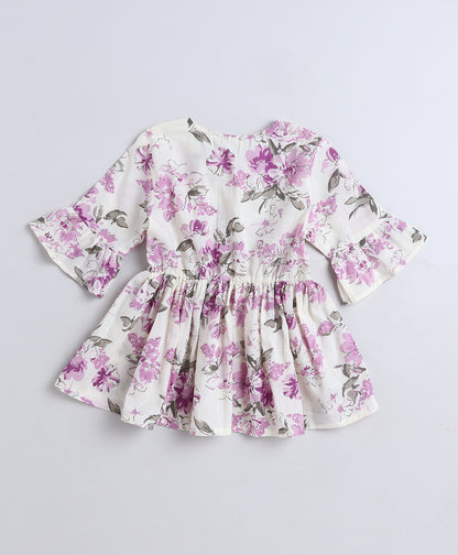 The Magic Wand Cotton Woven Three Fourth Sleeves Floral Printed Top White