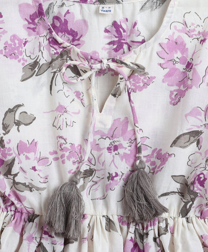 The Magic Wand Cotton Woven Three Fourth Sleeves Floral Printed Top White