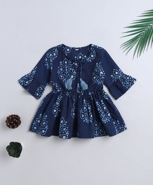 Cotton Woven Three Fourth Sleeves Floral Printed Top- Indigo Blue
