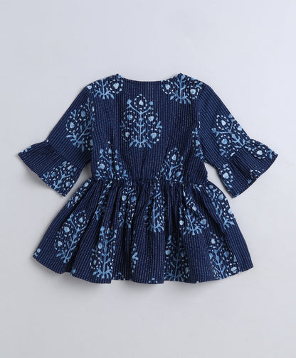 Cotton Woven Three Fourth Sleeves Floral Printed Top- Indigo Blue