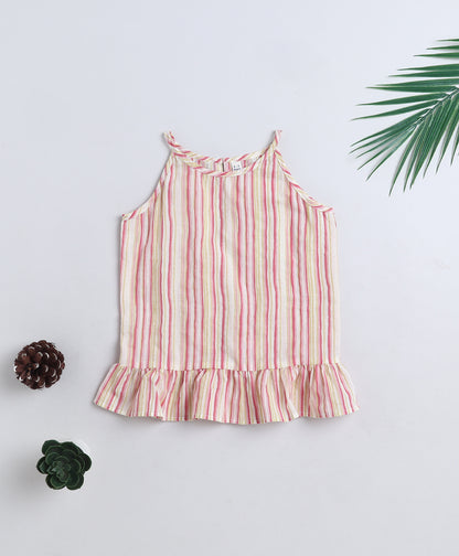 The Magic Wand Cotton Woven Incut Stripe Printed Top  Pink
