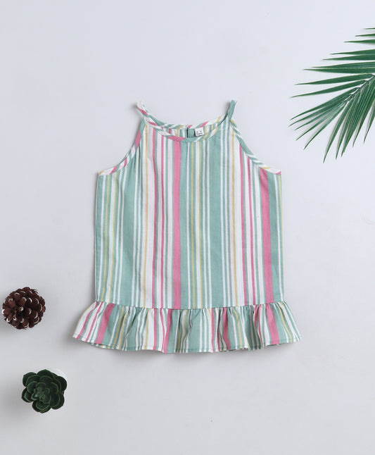 The Magic Wand Cotton Woven Incut Stripe Printed Top  Green