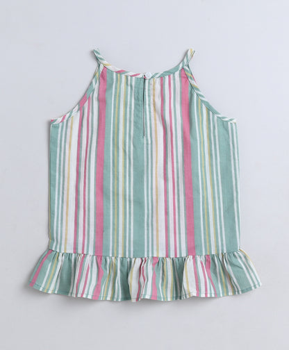 The Magic Wand Cotton Woven Incut Stripe Printed Top  Green
