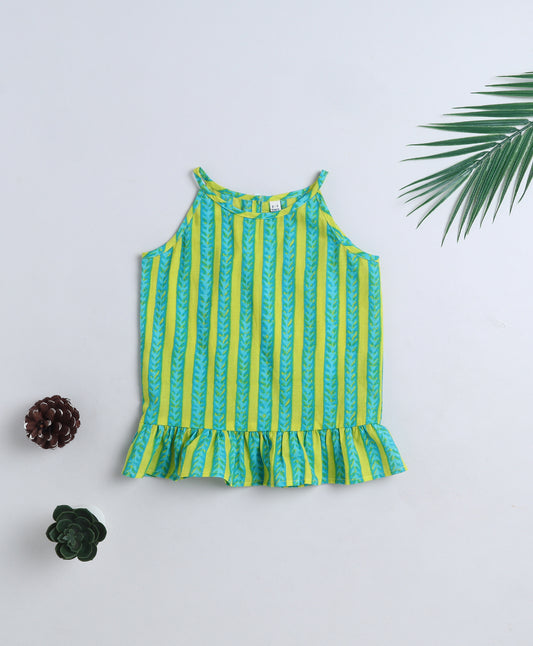 The Magic Wand Cotton Woven Incut Stripe Printed Top  Green