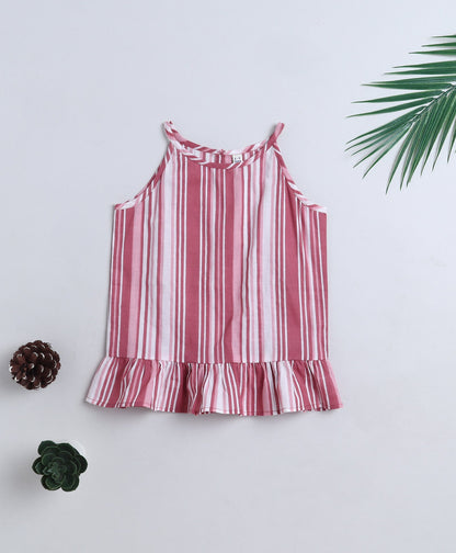 Cotton Woven Incut Stripe Printed Top - Pink