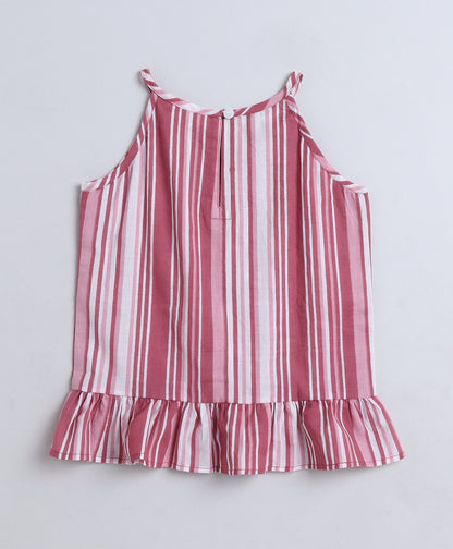 Cotton Woven Incut Stripe Printed Top - Pink