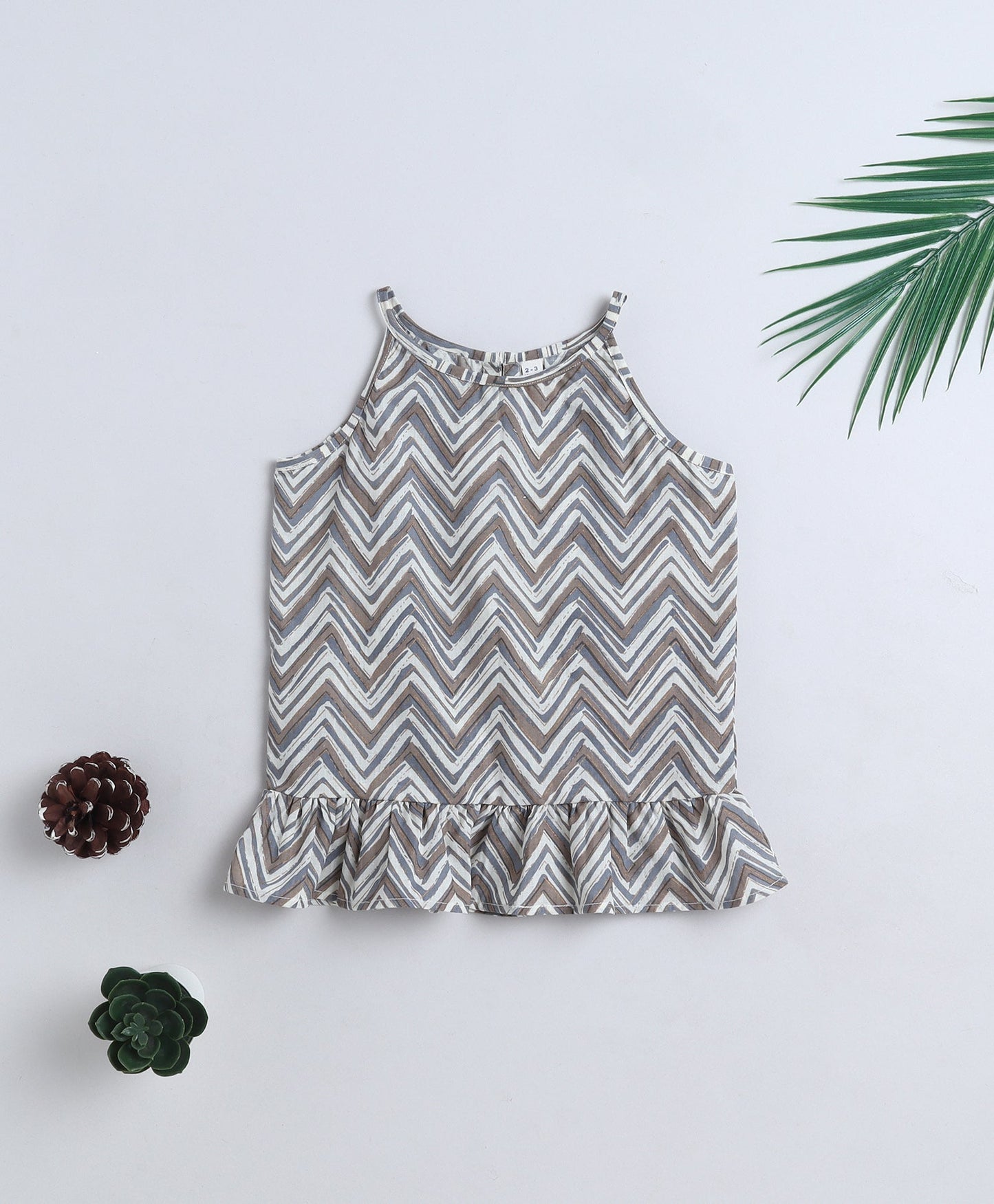 Cotton Woven Incut Zig Zag Printed Top - Grey