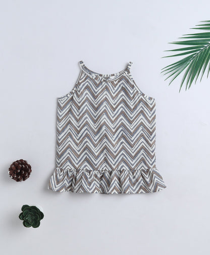 Cotton Woven Incut Zig Zag Printed Top - Grey