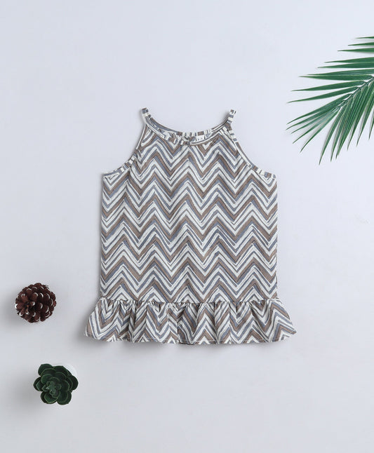 Cotton Woven Incut Zig Zag Printed Top - Grey