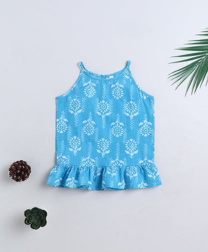 Cotton Woven Incut Floral Printed Top - Blue