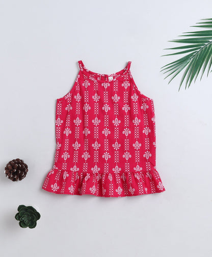 Cotton Woven Incut AII Over Printed Top - Fuchsia