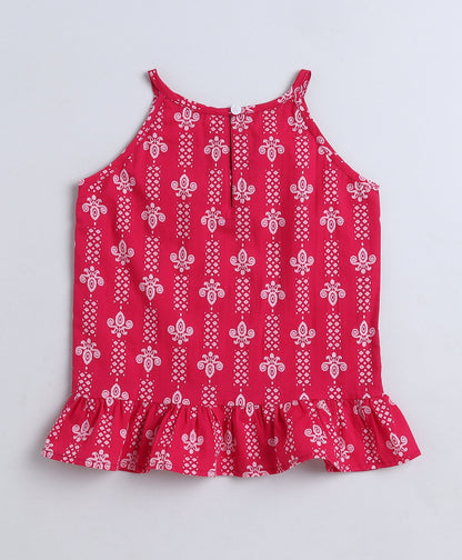 Cotton Woven Incut AII Over Printed Top - Fuchsia