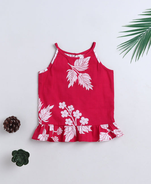 Cotton Woven Incut Floral Printed Top - Fuchsia