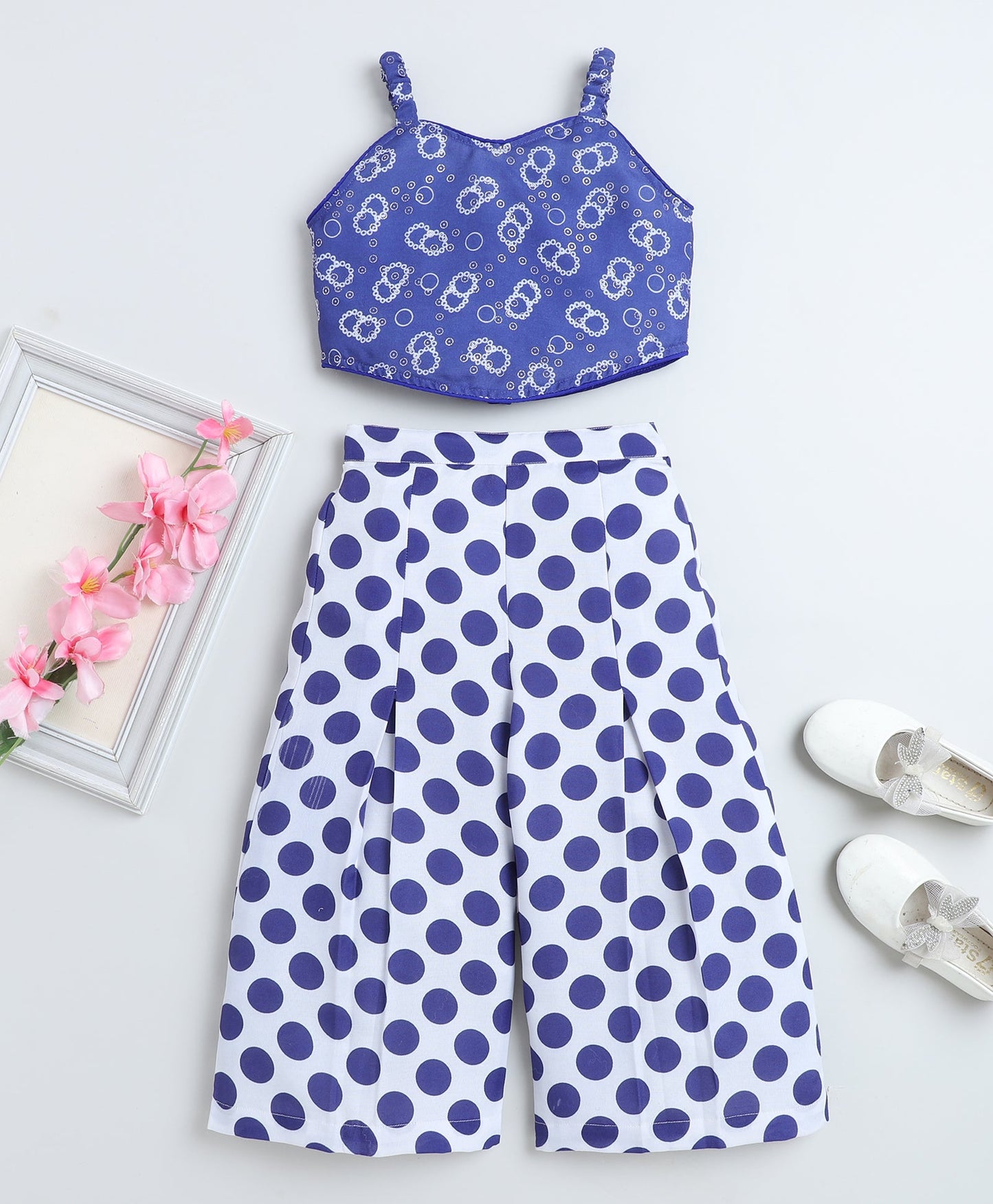 Woven Singlet Polka Dots Printed Top and Co-Ordinating Palazzo Set- Royal Blue