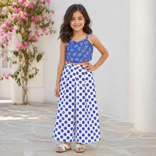 Woven Singlet Polka Dots Printed Top and Co-Ordinating Palazzo Set- Royal Blue