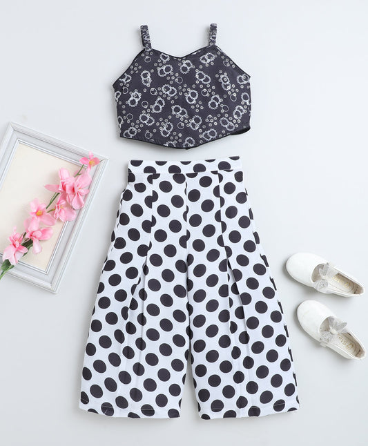 Woven Singlet Polka Dots Printed Top and Co-Ordinating Palazzo Set- Black