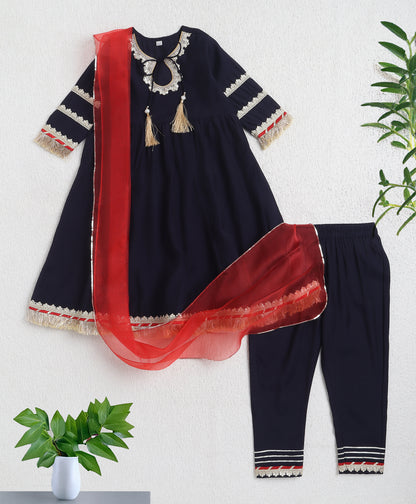 The Magic Wand Woven Three Fourth Sleeves Laced Anarkali Kurta Pant Set With Dupatta - Navy Blue