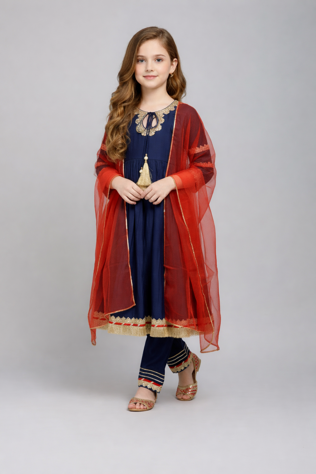 The Magic Wand Woven Three Fourth Sleeves Laced Anarkali Kurta Pant Set With Dupatta - Navy Blue