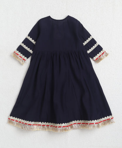 The Magic Wand Woven Three Fourth Sleeves Laced Anarkali Kurta Pant Set With Dupatta - Navy Blue