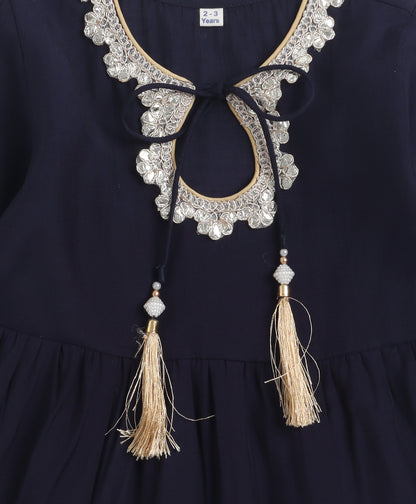 The Magic Wand Woven Three Fourth Sleeves Laced Anarkali Kurta Pant Set With Dupatta - Navy Blue