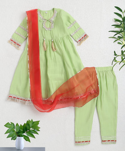 The Magic Wand Woven Three Fourth Sleeves Laced Anarkali Kurta Pant Set With Dupatta - Green