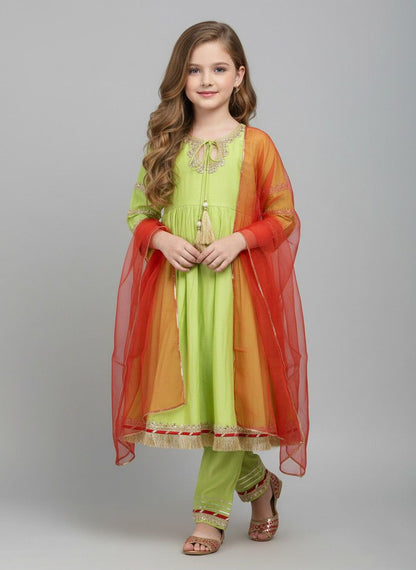 The Magic Wand Woven Three Fourth Sleeves Laced Anarkali Kurta Pant Set With Dupatta - Green