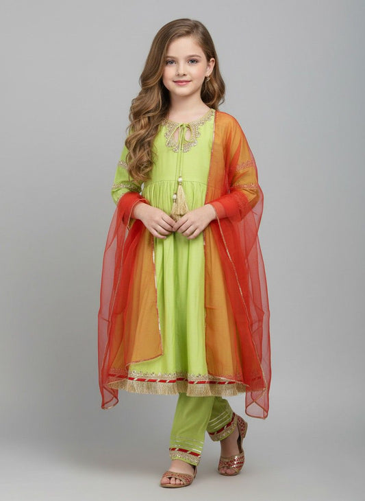 The Magic Wand Woven Three Fourth Sleeves Laced Anarkali Kurta Pant Set With Dupatta - Green