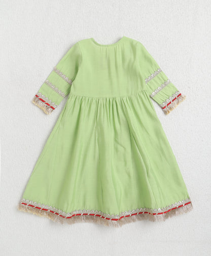 The Magic Wand Woven Three Fourth Sleeves Laced Anarkali Kurta Pant Set With Dupatta - Green
